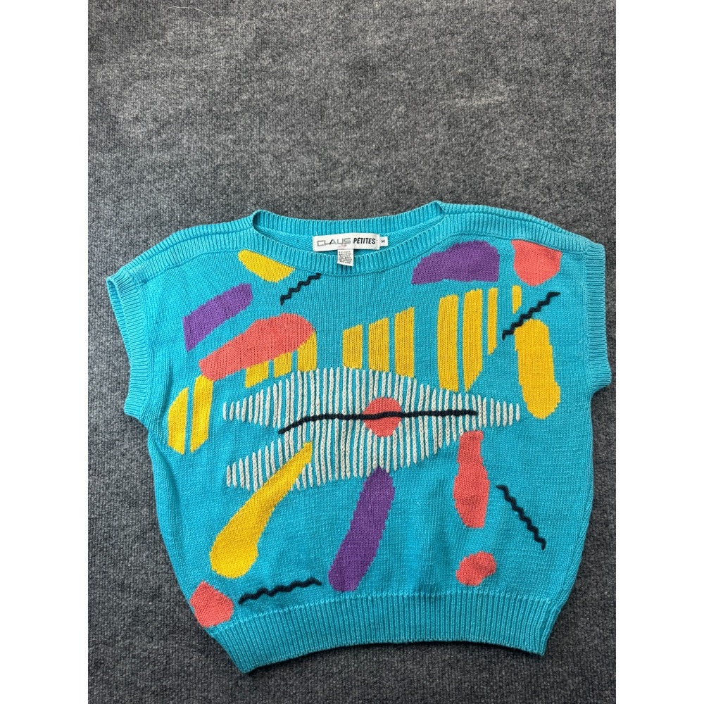 Vtg 80s Chaus Sweater Vest Womens Petite M Blue Abstract Art Ramie Linen Blend